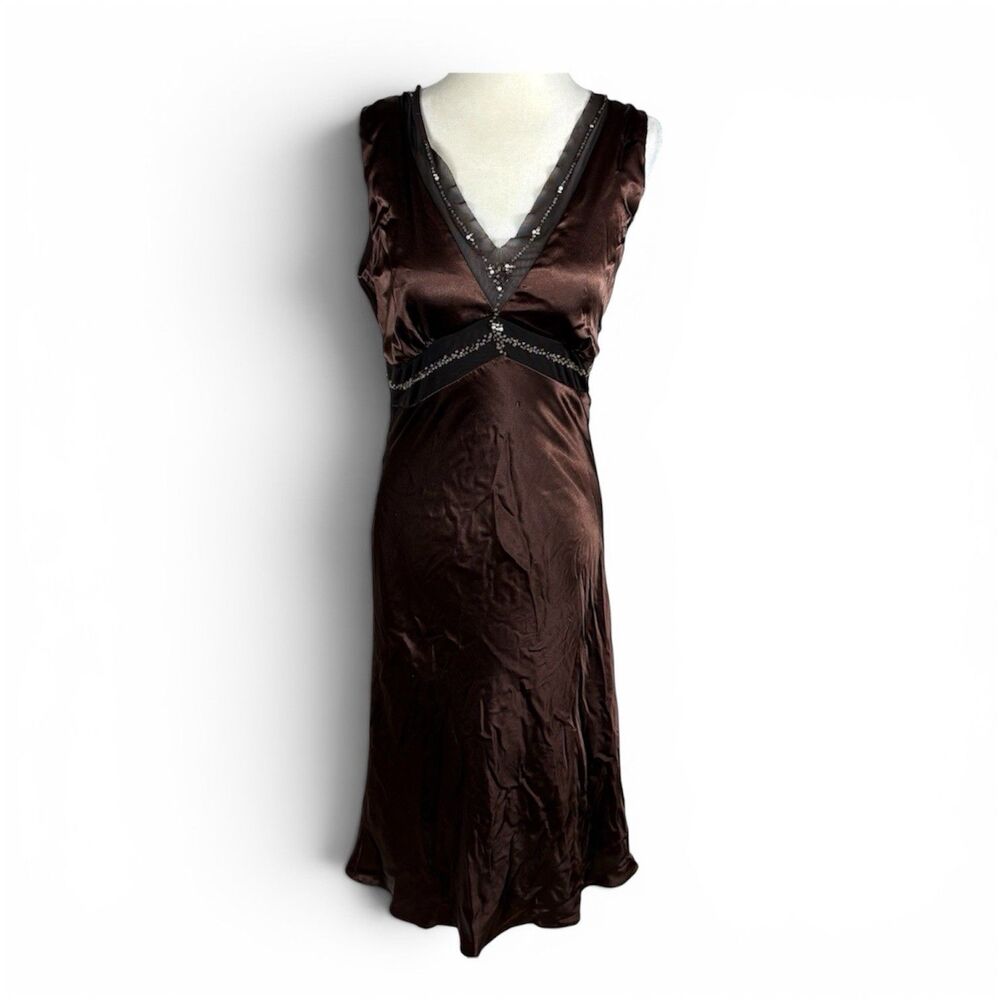 Vintage Chocolate Brown Satin V-Neck Slip Babydoll Dress Beaded Large Fairy Y2K